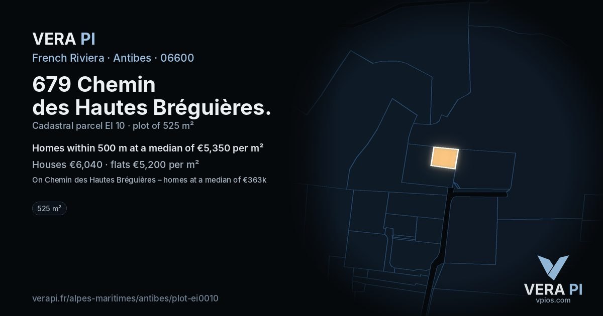 679 Chemin des Hautes Bréguières, Antibes at night – the plot lit, the parcels around coloured by the prices near them