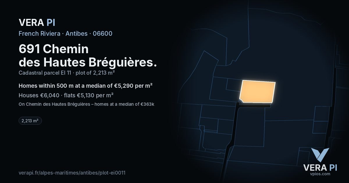 691 Chemin des Hautes Bréguières, Antibes at night – the plot lit, the parcels around coloured by the prices near them