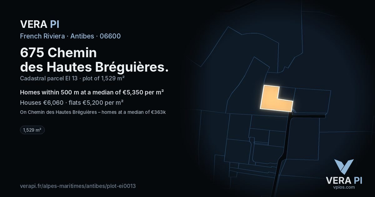 675 Chemin des Hautes Bréguières, Antibes at night – the plot lit, the parcels around coloured by the prices near them