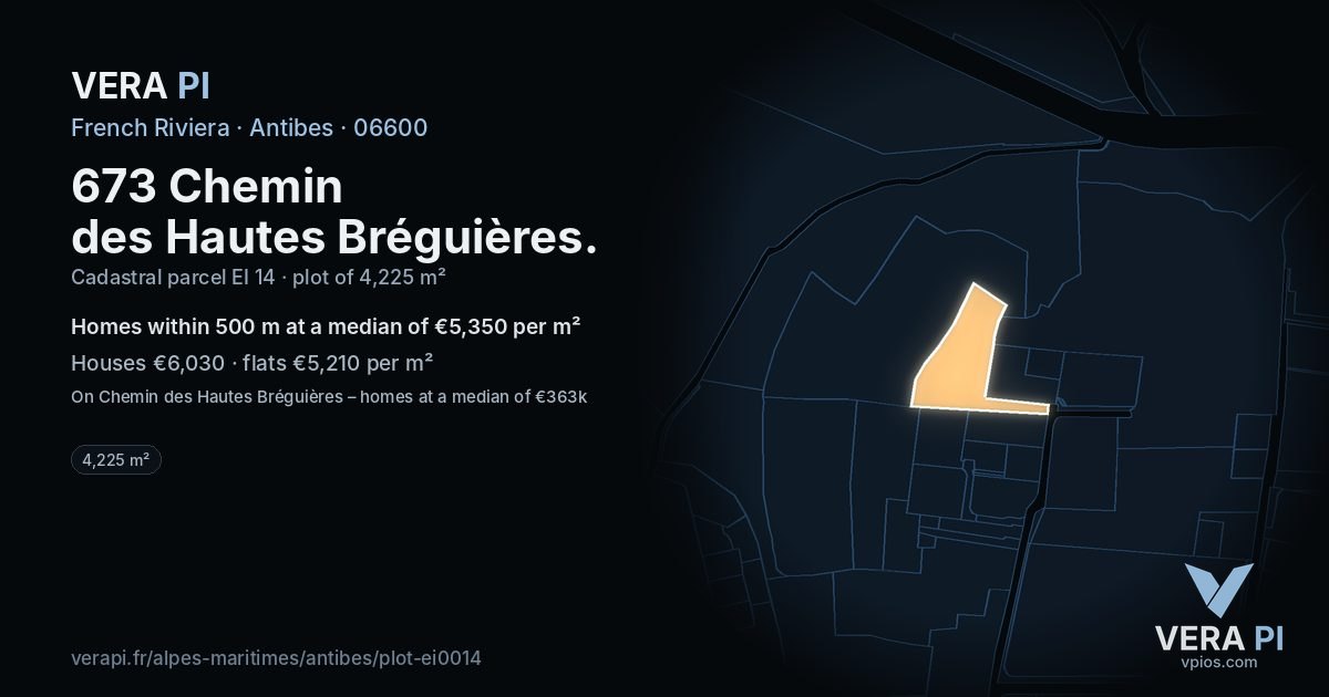 673 Chemin des Hautes Bréguières, Antibes at night – the plot lit, the parcels around coloured by the prices near them