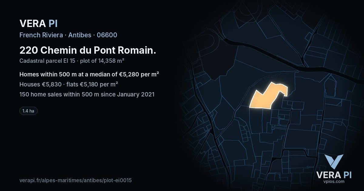 220 Chemin du Pont Romain, Antibes at night – the plot lit, the parcels around coloured by the prices near them