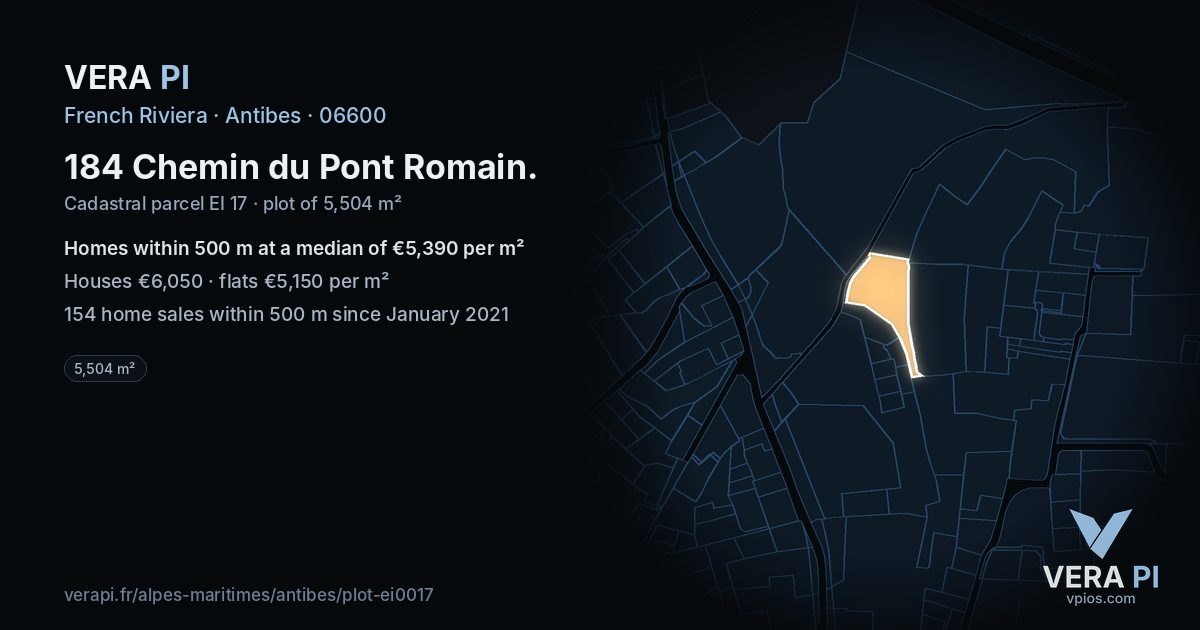 184 Chemin du Pont Romain, Antibes at night – the plot lit, the parcels around coloured by the prices near them