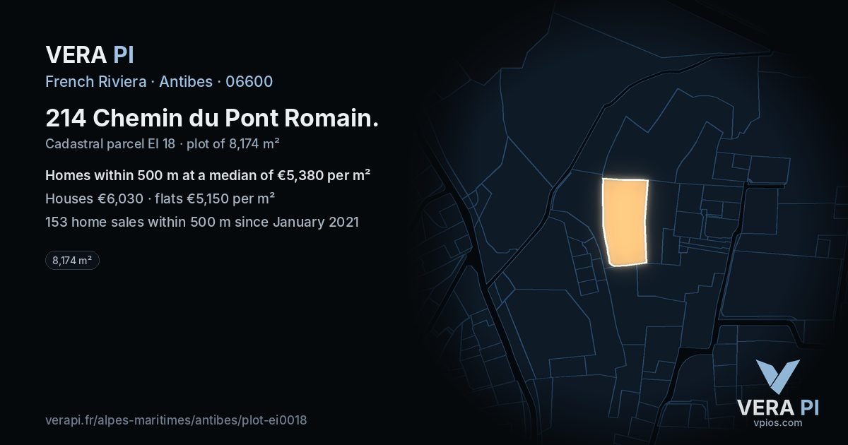214 Chemin du Pont Romain, Antibes at night – the plot lit, the parcels around coloured by the prices near them