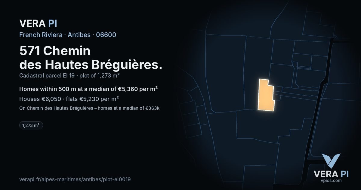 571 Chemin des Hautes Bréguières, Antibes at night – the plot lit, the parcels around coloured by the prices near them