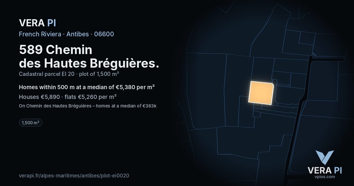 589 Chemin des Hautes Bréguières, Antibes at night – the plot lit, the parcels around coloured by the prices near them