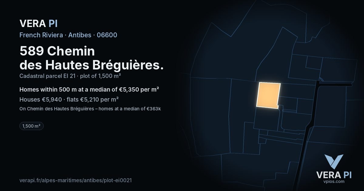 589 Chemin des Hautes Bréguières, Antibes at night – the plot lit, the parcels around coloured by the prices near them