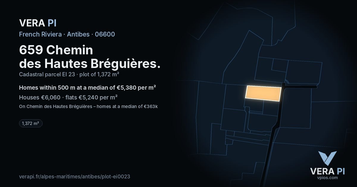 659 Chemin des Hautes Bréguières, Antibes at night – the plot lit, the parcels around coloured by the prices near them