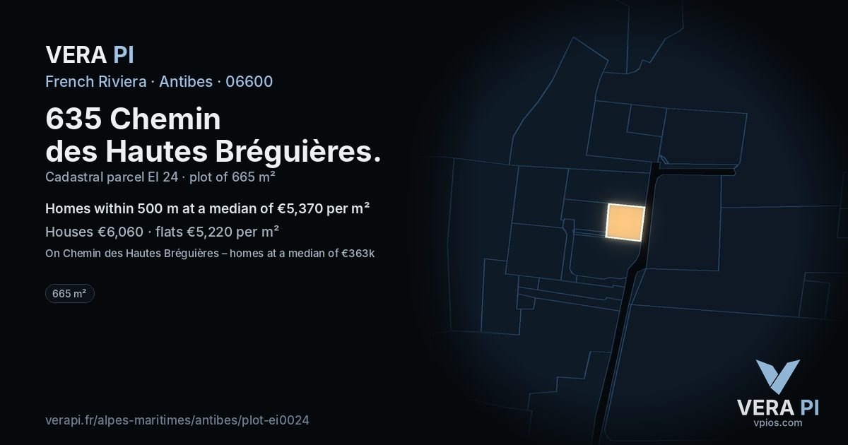 635 Chemin des Hautes Bréguières, Antibes at night – the plot lit, the parcels around coloured by the prices near them