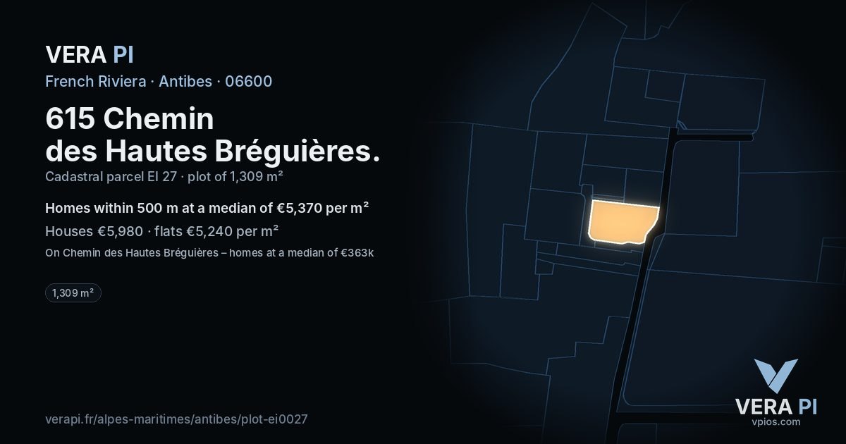 615 Chemin des Hautes Bréguières, Antibes at night – the plot lit, the parcels around coloured by the prices near them