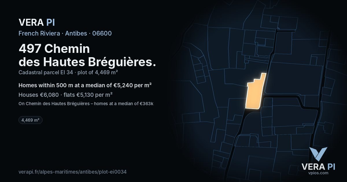 497 Chemin des Hautes Bréguières, Antibes at night – the plot lit, the parcels around coloured by the prices near them