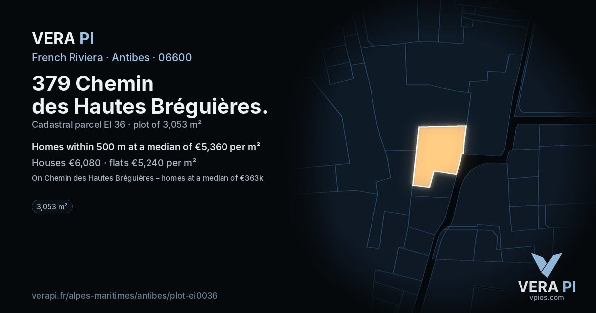 379 Chemin des Hautes Bréguières, Antibes at night – the plot lit, the parcels around coloured by the prices near them