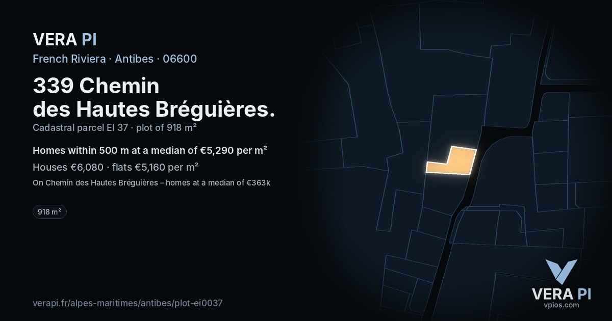 339 Chemin des Hautes Bréguières, Antibes at night – the plot lit, the parcels around coloured by the prices near them