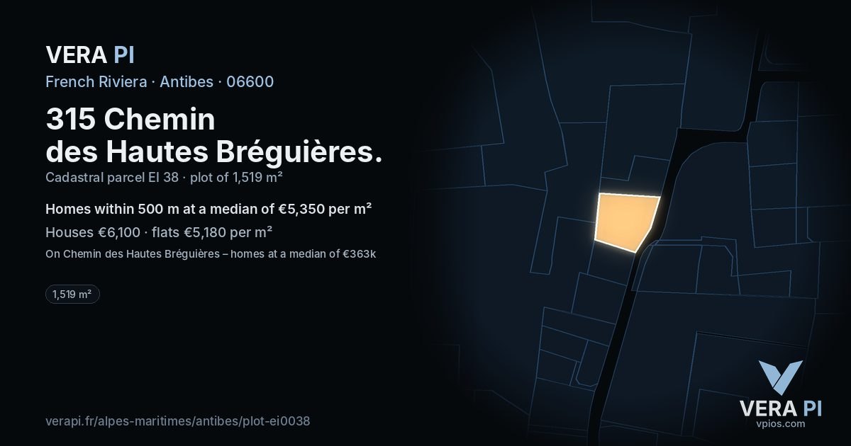 315 Chemin des Hautes Bréguières, Antibes at night – the plot lit, the parcels around coloured by the prices near them