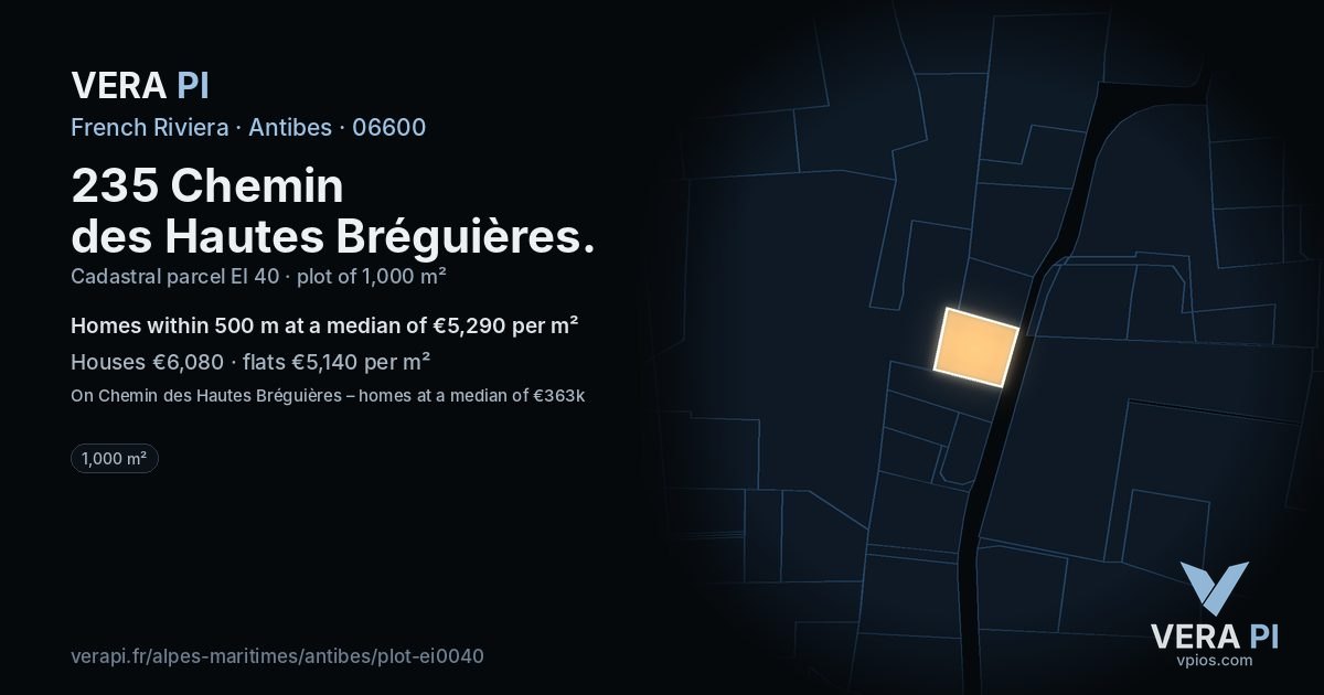 235 Chemin des Hautes Bréguières, Antibes at night – the plot lit, the parcels around coloured by the prices near them