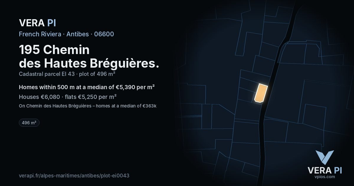 195 Chemin des Hautes Bréguières, Antibes at night – the plot lit, the parcels around coloured by the prices near them