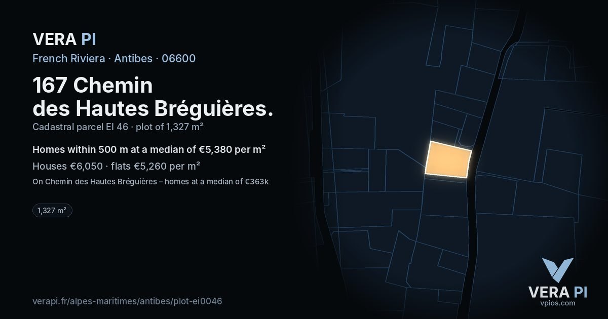 167 Chemin des Hautes Bréguières, Antibes at night – the plot lit, the parcels around coloured by the prices near them