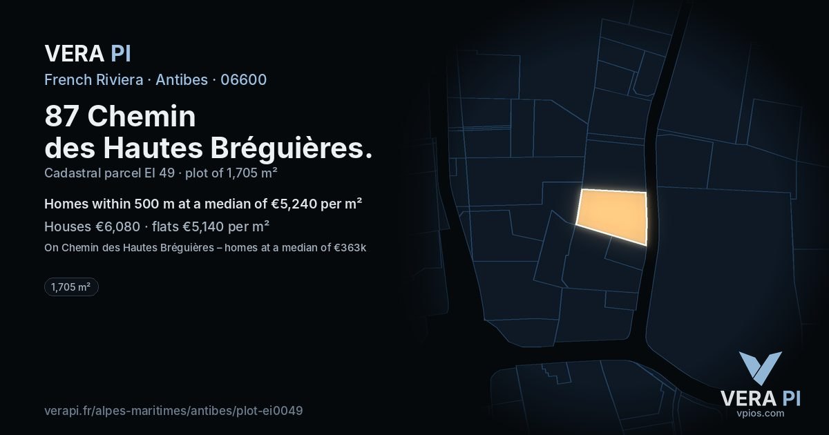 87 Chemin des Hautes Bréguières, Antibes at night – the plot lit, the parcels around coloured by the prices near them