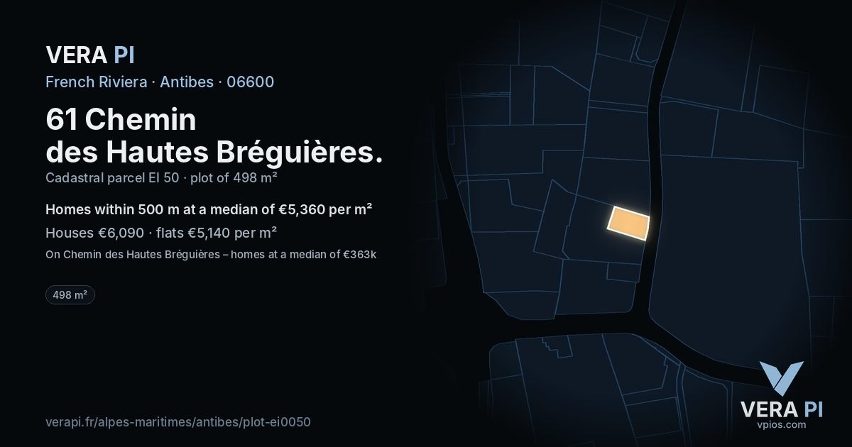 61 Chemin des Hautes Bréguières, Antibes at night – the plot lit, the parcels around coloured by the prices near them