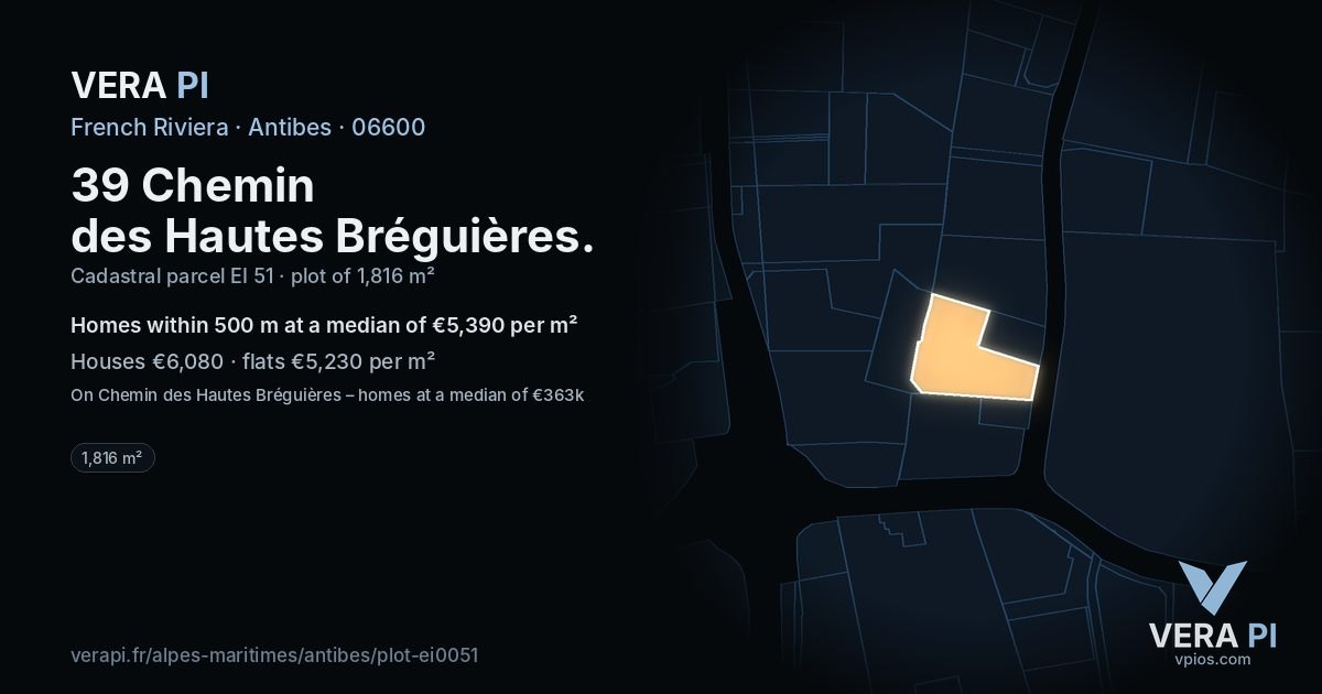 39 Chemin des Hautes Bréguières, Antibes at night – the plot lit, the parcels around coloured by the prices near them