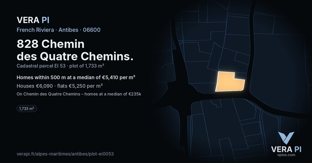 828 Chemin des Quatre Chemins, Antibes at night – the plot lit, the parcels around coloured by the prices near them