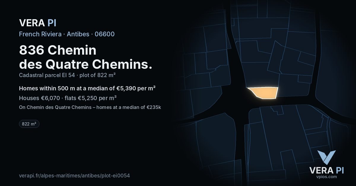 836 Chemin des Quatre Chemins, Antibes at night – the plot lit, the parcels around coloured by the prices near them