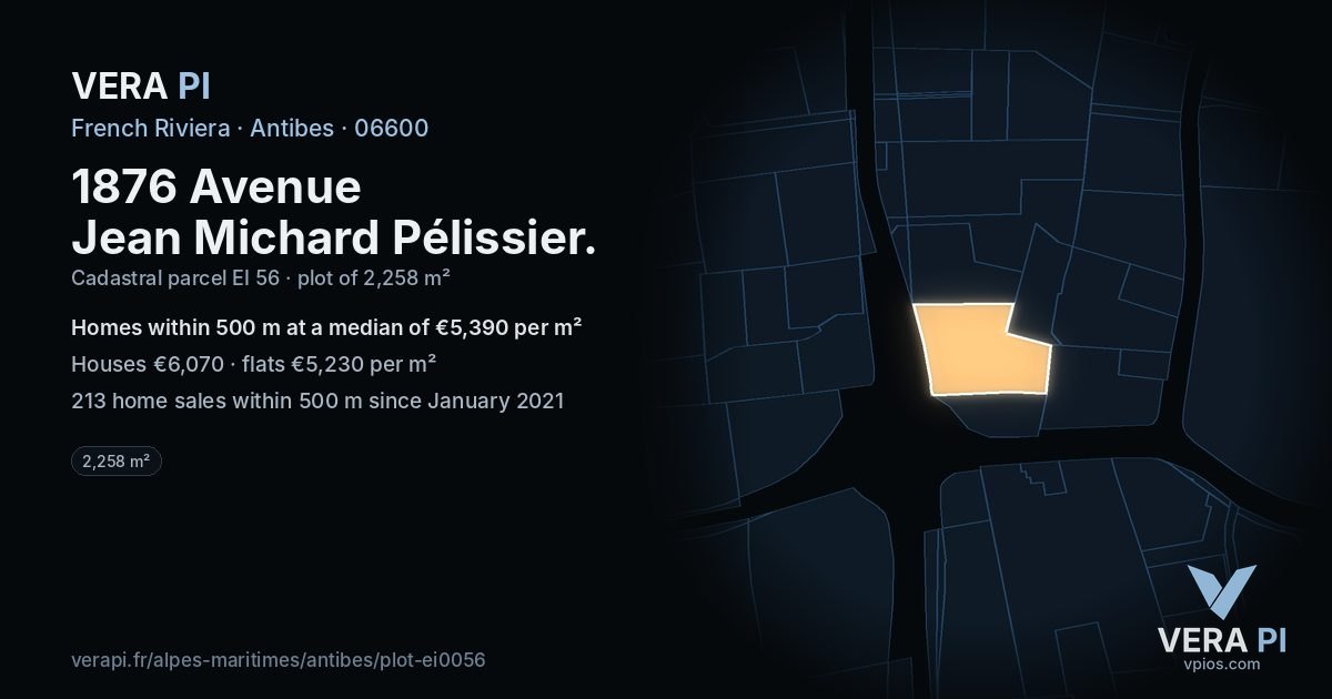1876 Avenue Jean Michard Pélissier, Antibes at night – the plot lit, the parcels around coloured by the prices near them