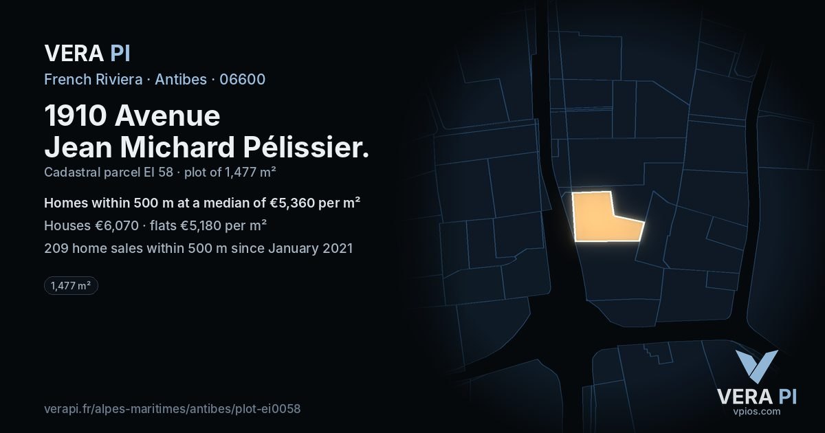 1910 Avenue Jean Michard Pélissier, Antibes at night – the plot lit, the parcels around coloured by the prices near them