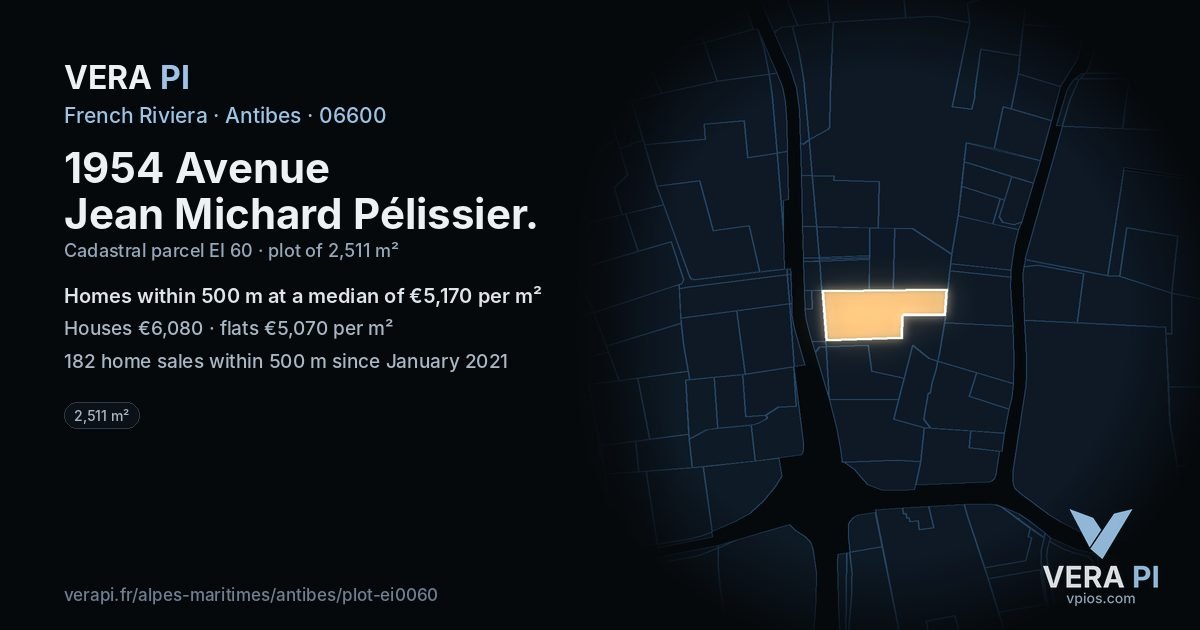 1954 Avenue Jean Michard Pélissier, Antibes at night – the plot lit, the parcels around coloured by the prices near them