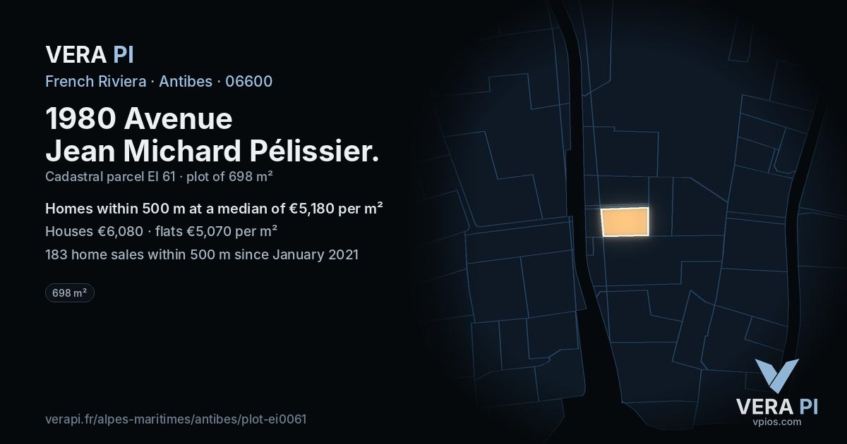 1980 Avenue Jean Michard Pélissier, Antibes at night – the plot lit, the parcels around coloured by the prices near them