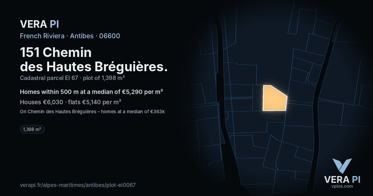 151 Chemin des Hautes Bréguières, Antibes at night – the plot lit, the parcels around coloured by the prices near them