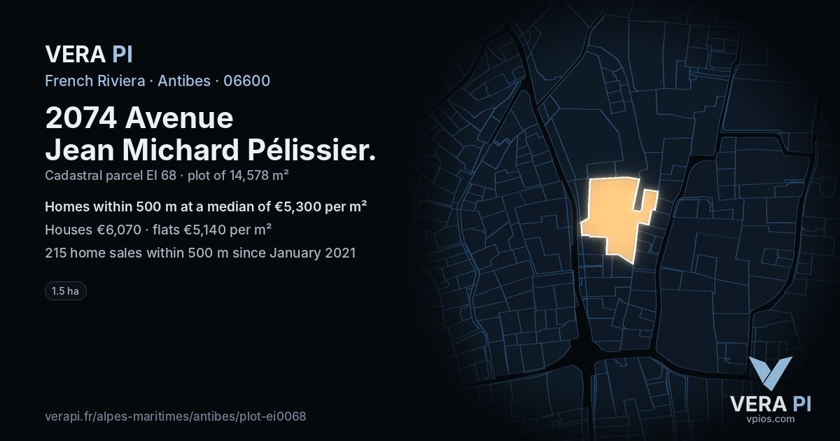 2074 Avenue Jean Michard Pélissier, Antibes at night – the plot lit, the parcels around coloured by the prices near them