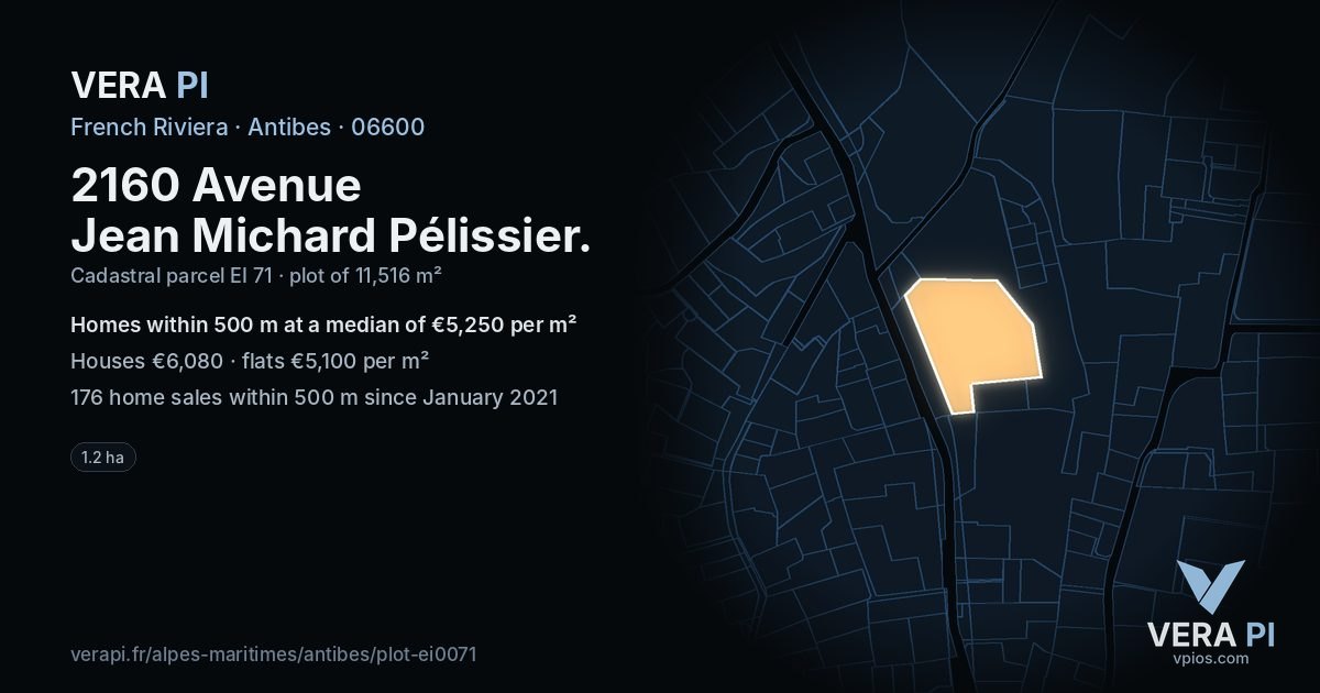 2160 Avenue Jean Michard Pélissier, Antibes at night – the plot lit, the parcels around coloured by the prices near them