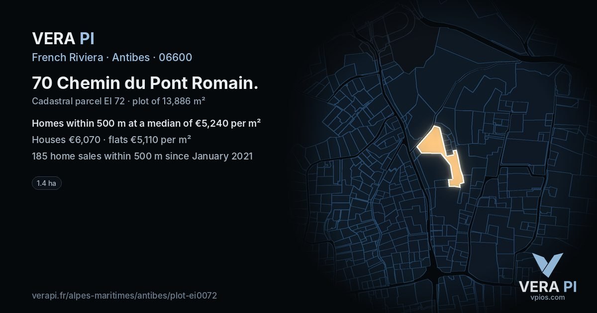 70 Chemin du Pont Romain, Antibes at night – the plot lit, the parcels around coloured by the prices near them
