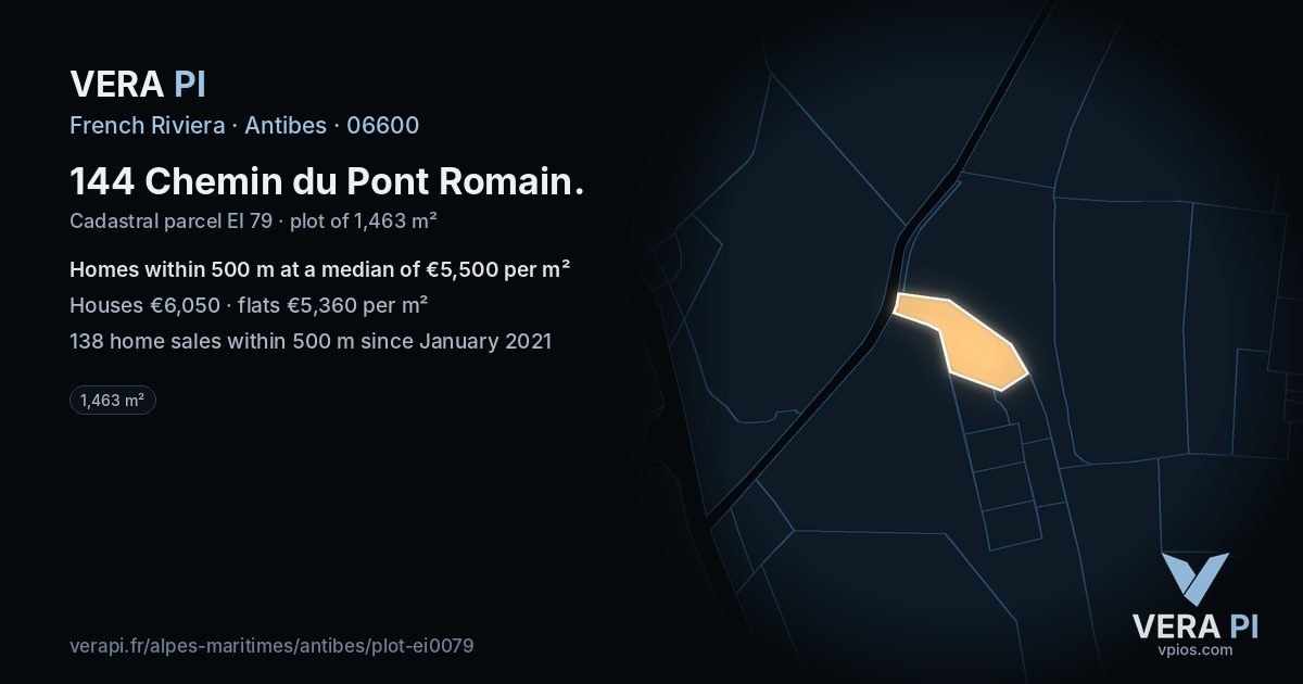 144 Chemin du Pont Romain, Antibes at night – the plot lit, the parcels around coloured by the prices near them