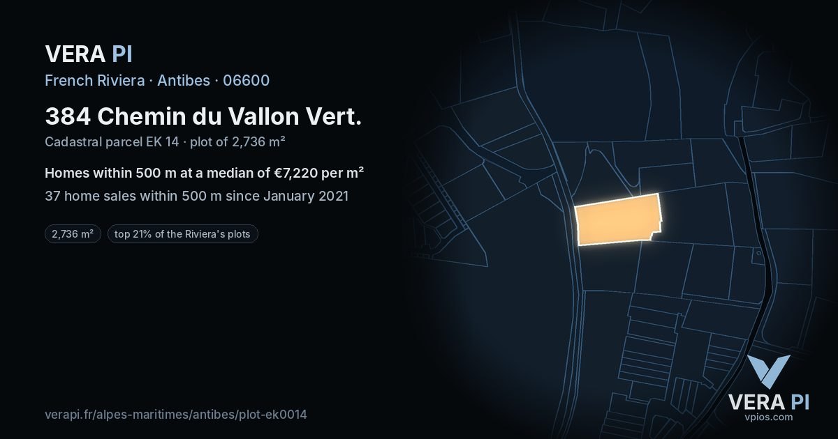 384 Chemin du Vallon Vert, Antibes at night – the plot lit, the parcels around coloured by the prices near them