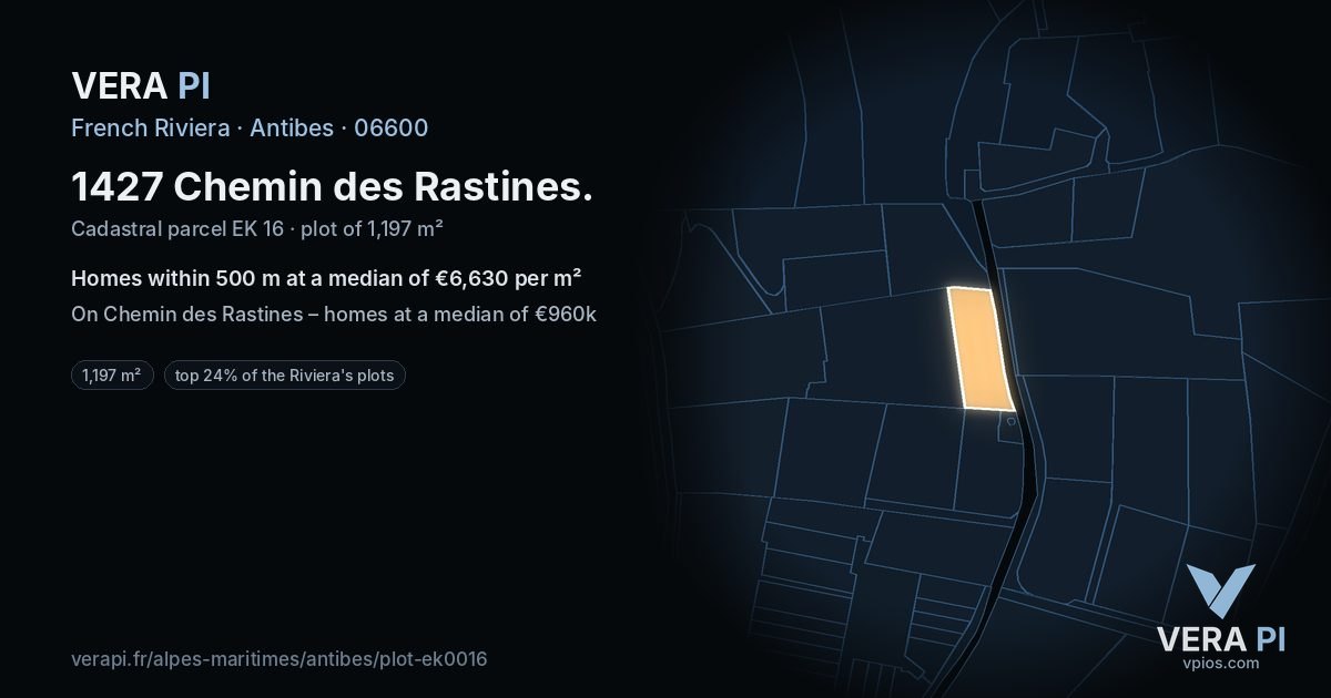1427 Chemin des Rastines, Antibes at night – the plot lit, the parcels around coloured by the prices near them