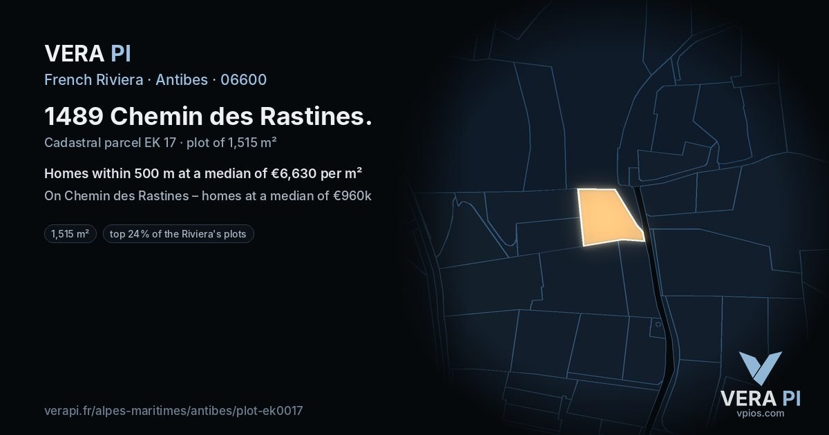 1489 Chemin des Rastines, Antibes at night – the plot lit, the parcels around coloured by the prices near them