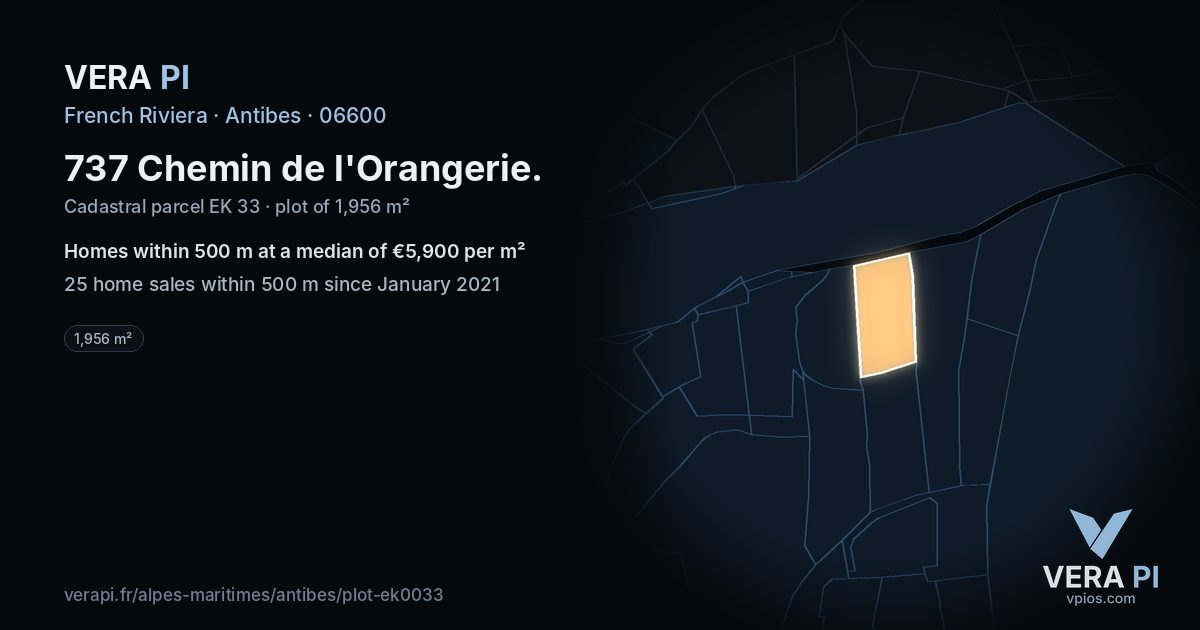 737 Chemin de l'Orangerie, Antibes at night – the plot lit, the parcels around coloured by the prices near them
