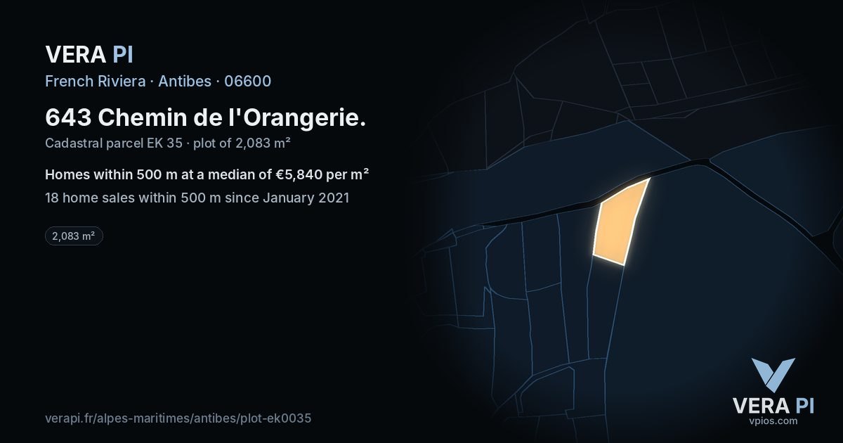 643 Chemin de l'Orangerie, Antibes at night – the plot lit, the parcels around coloured by the prices near them