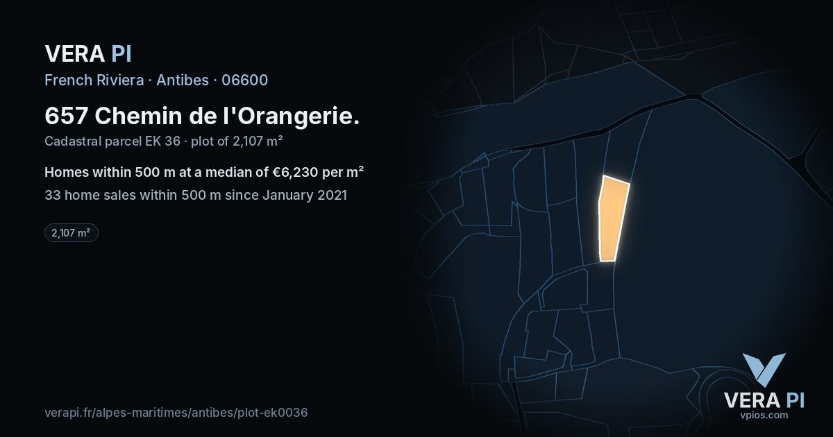 657 Chemin de l'Orangerie, Antibes at night – the plot lit, the parcels around coloured by the prices near them