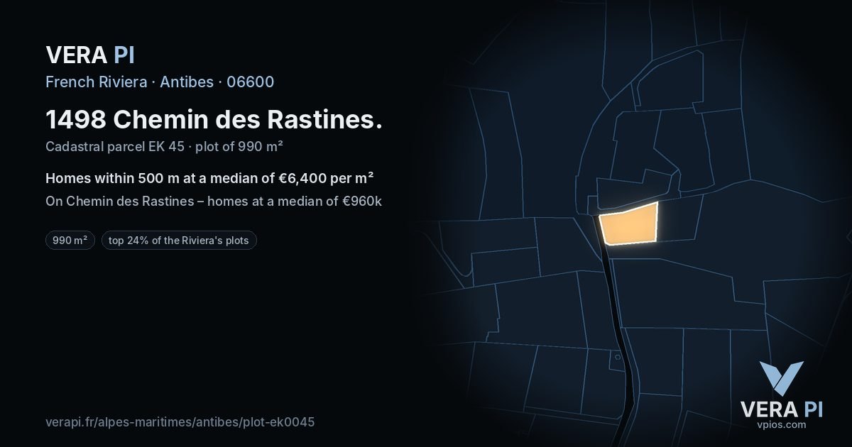 1498 Chemin des Rastines, Antibes at night – the plot lit, the parcels around coloured by the prices near them
