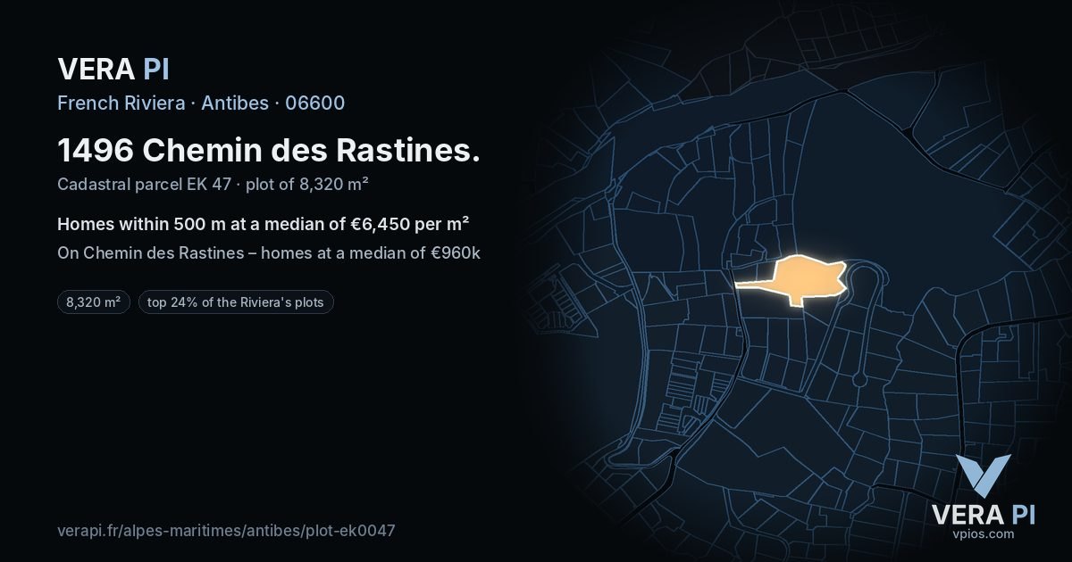 1496 Chemin des Rastines, Antibes at night – the plot lit, the parcels around coloured by the prices near them
