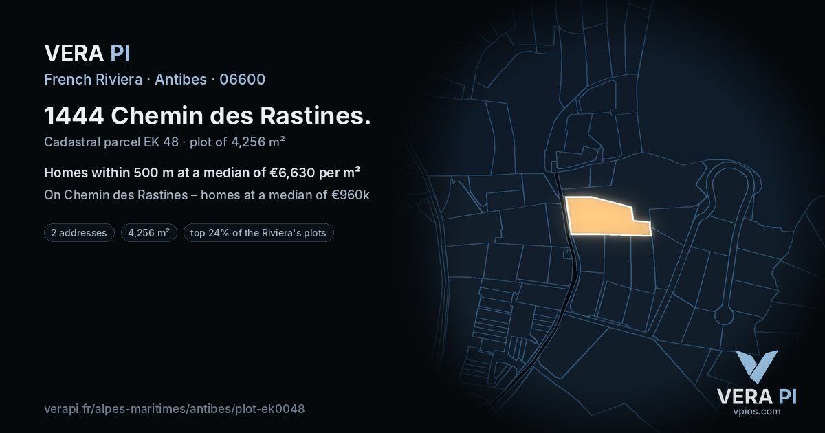 1444 Chemin des Rastines, Antibes at night – the plot lit, the parcels around coloured by the prices near them
