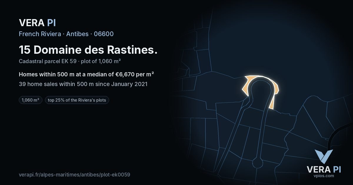 15 Domaine des Rastines, Antibes at night – the plot lit, the parcels around coloured by the prices near them