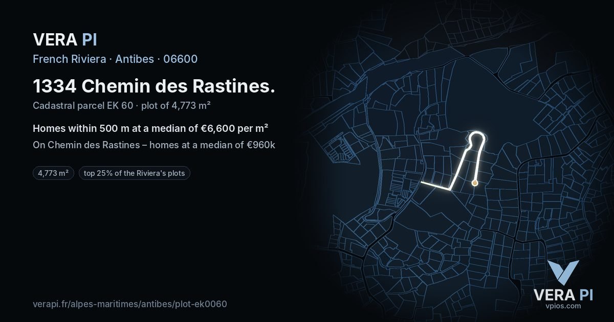 1334 Chemin des Rastines, Antibes at night – the plot lit, the parcels around coloured by the prices near them
