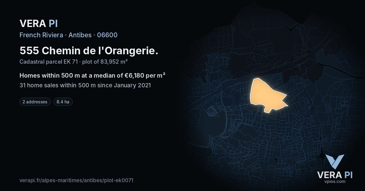 555 Chemin de l'Orangerie, Antibes at night – the plot lit, the parcels around coloured by the prices near them