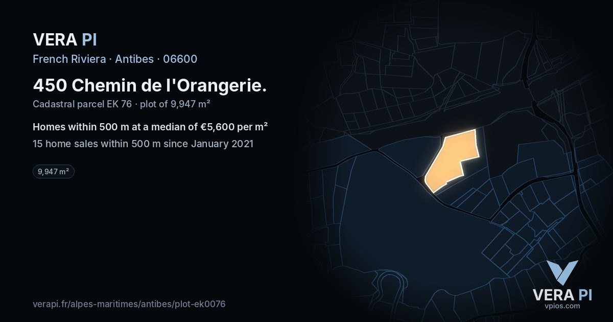 450 Chemin de l'Orangerie, Antibes at night – the plot lit, the parcels around coloured by the prices near them