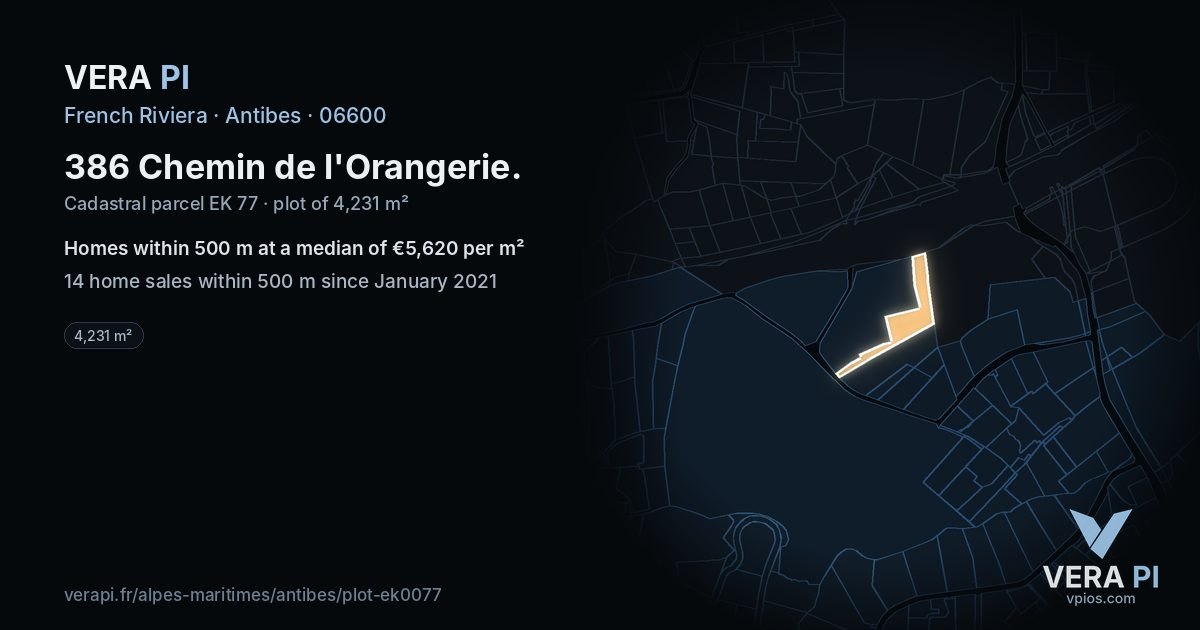 386 Chemin de l'Orangerie, Antibes at night – the plot lit, the parcels around coloured by the prices near them