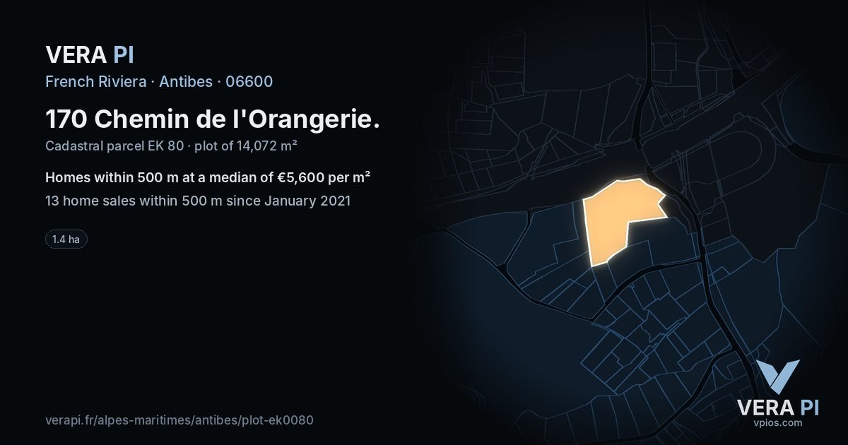 170 Chemin de l'Orangerie, Antibes at night – the plot lit, the parcels around coloured by the prices near them