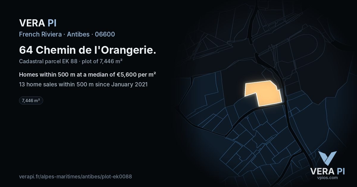 64 Chemin de l'Orangerie, Antibes at night – the plot lit, the parcels around coloured by the prices near them